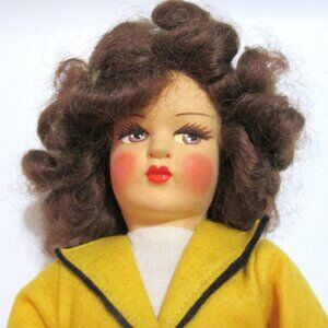 Vintage Felt Dressed Doll With Ski Poles Mohair Hair Yellow Black Outfit